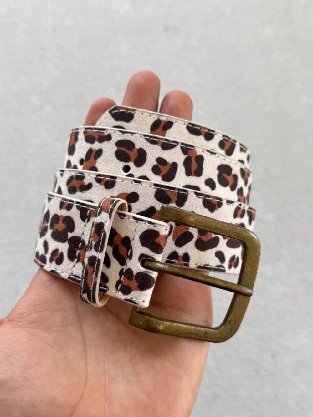 White Cheetah Print Bronze Buckle Unisex Belt